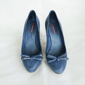 Prada Sport Blue Perforated Leather Bow Pumps